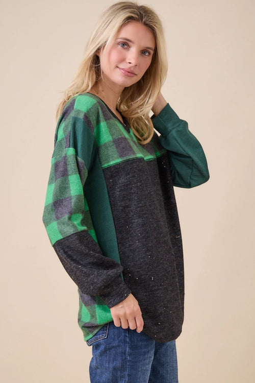 Cozy Plaid Sparkle V-Neck Tunic — Red or Green