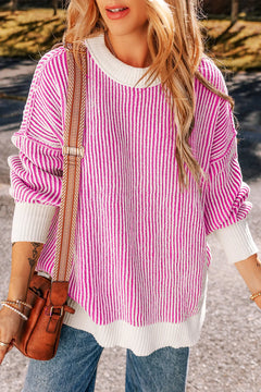 Versatile Round Neck Striped Dropped Shoulder Sweater – Cozy & Stylish