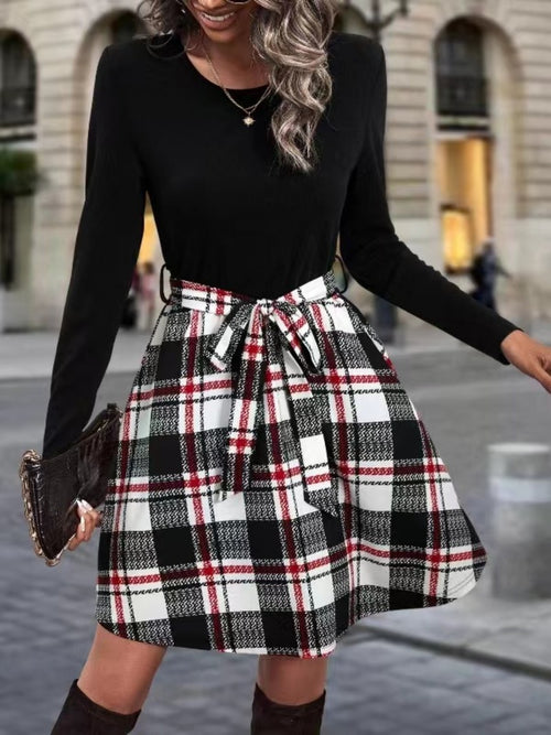 Chic Tied Plaid Round Neck Long Sleeve Dress with Slight Stretch