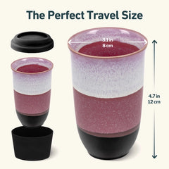 Travel mug with black lid and base, showing dimensions on a white background