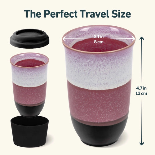 Travel mug with black lid and base, showing dimensions on a white background