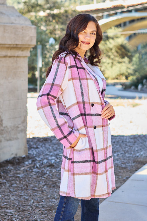 Double Take Full Size Plaid Button Up Lapel Collar Coat – Sizes Small to 3XL