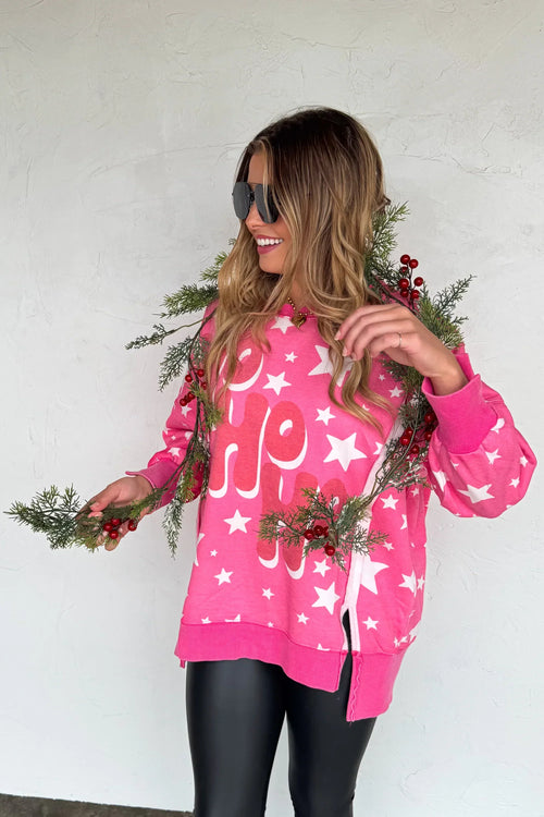 Pink mineral-wash Christmas pullover with Ho Ho Ho graphic, oversized slouchy fit, sizes XS–3X