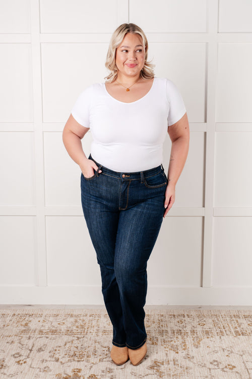 Front view of Judy Blue Alaina High Rise Straight Jeans in dark wash, non-distressed in plus size.