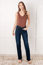 Front view of Judy Blue Alaina High Rise Straight Jeans in dark wash, non-distressed.