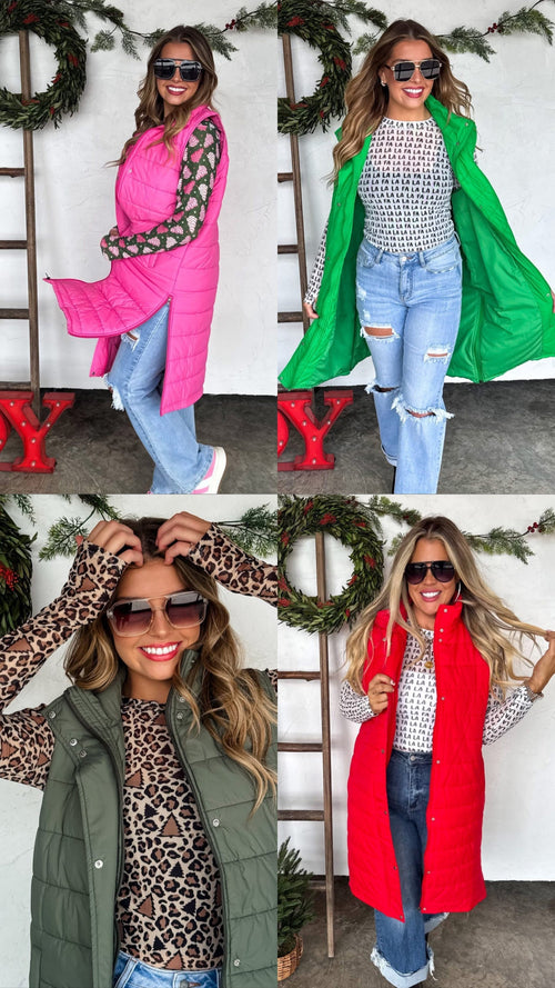 Kendall Long Puffer Vest in multiple colors with side zipper details, snap buttons, and pockets, available XS–3XL