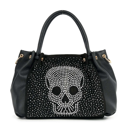 Black rhinestone skull handbag with gold-tone hardware and top handles