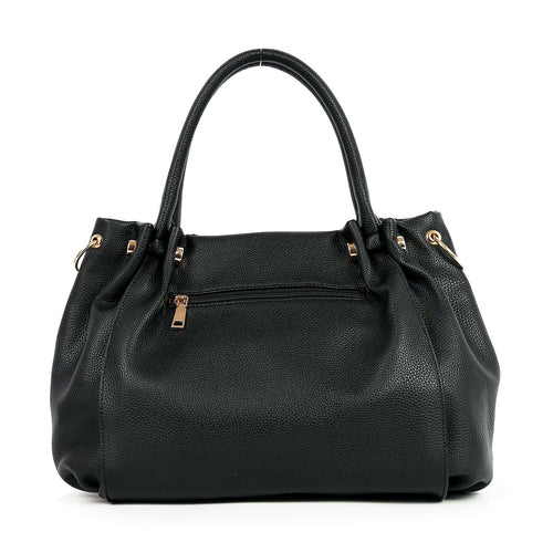 Back view of black handbag with zip pocket and gold-tone hardware