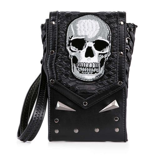 Mini Skull Crossbody Phone Bag – Edgy Faux Leather Cell Phone Purse with Stud Accents & Strap