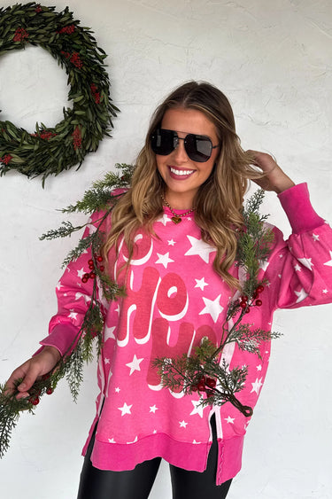 Pink mineral-wash Christmas pullover with Ho Ho Ho graphic, oversized slouchy fit, sizes XS–3X