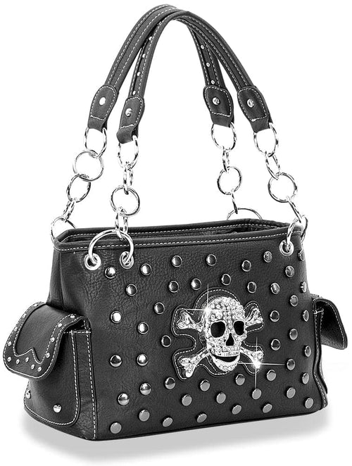Rhinestone Skull Studded Conceal Carry Purse – Gothic Faux Leather Handbag with Pockets & Edgy Chain Handles