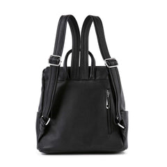 Back view of a black vegan leather rhinestone flag backpack with adjustable straps and back zip pocket.
