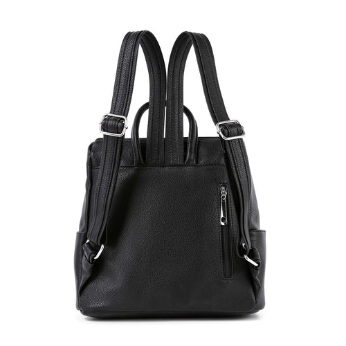 Back view of a black vegan leather rhinestone flag backpack with adjustable straps and back zip pocket.