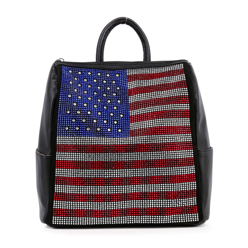 Front view of a black rhinestone backpack featuring a red white and blue American flag design.