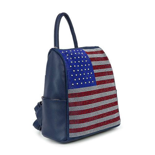 Angled side view of a navy blue rhinestone flag backpack with patriotic sparkle design.