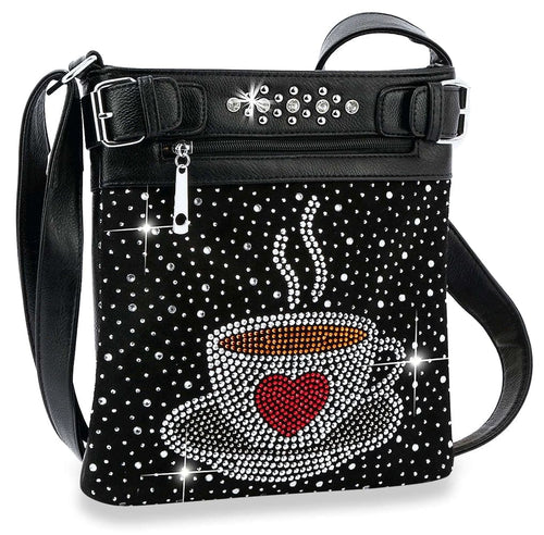 Sparkling Coffee Cup Rhinestone Crossbody Bag – Faux Leather Sling Purse for Coffee Lovers on the Go