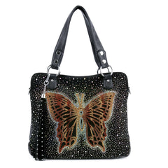 Glowing Orange Butterfly Rhinestone Shoulder Bag - Black Vegan Leather & Velvet
