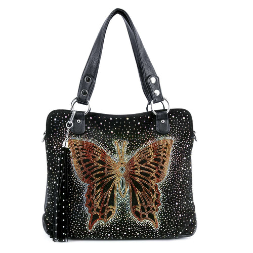 Glowing Orange Butterfly Rhinestone Shoulder Bag - Black Vegan Leather & Velvet