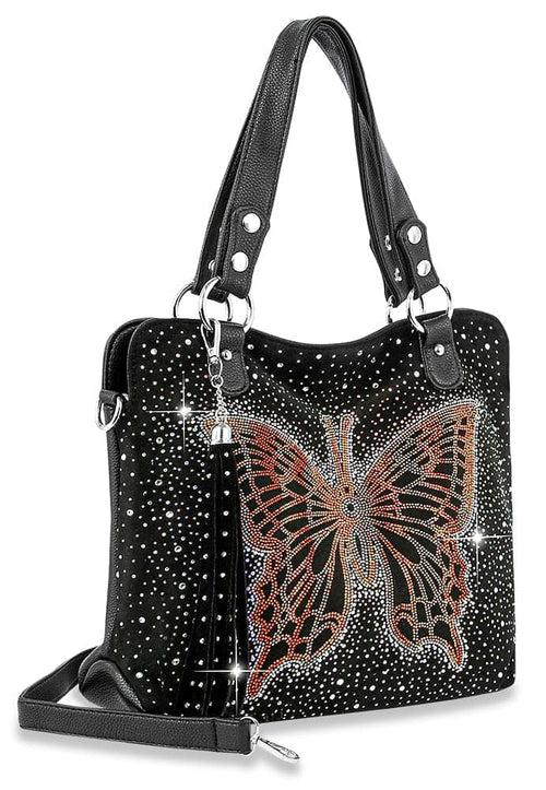 Glowing Orange Butterfly Rhinestone Shoulder Bag - Black Vegan Leather & Velvet