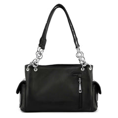 Back view of black handbag with zip pocket