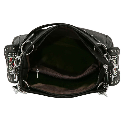 Black rhinestone handbag shown open with lined interior