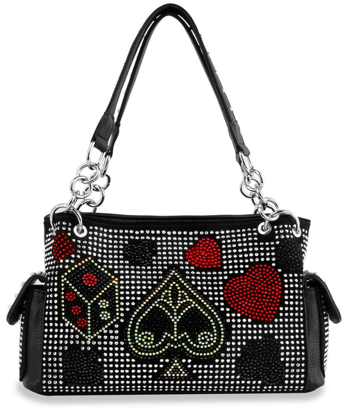 Black rhinestone playing card handbag with double handles and silver-tone hardware