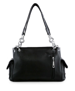 Back view of a black vegan leather shoulder bag with silver chain straps and a back zip pocket.