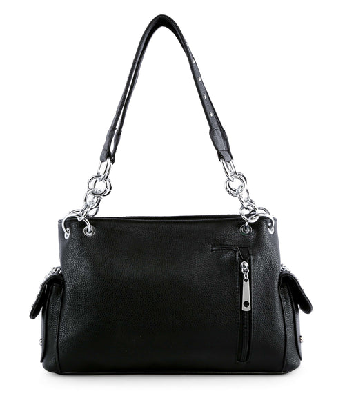 Back view of a black vegan leather shoulder bag with silver chain straps and a back zip pocket.