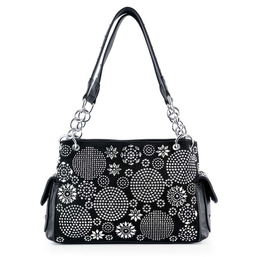 Front view of a black shoulder handbag with silver chain straps and a rhinestone circle and floral pattern.