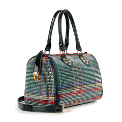Front angled view of a rhinestone-covered plaid satchel handbag with black patent-look handles, gold hardware, and detachable strap.