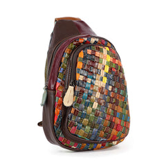 Multicolored woven sling bag on a white background - Side view