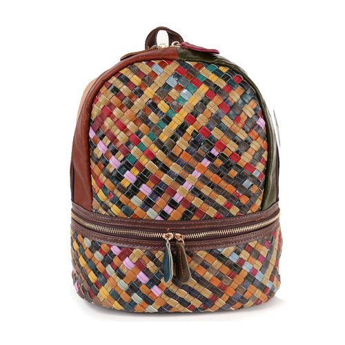 Genuine Leather Multicolor Woven Backpack – Boho Chic Style