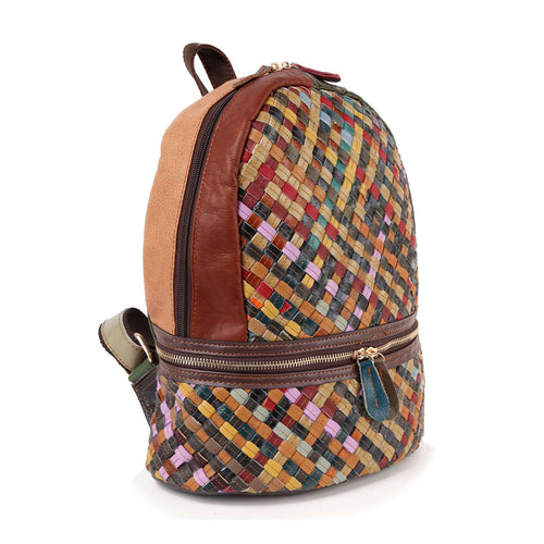 Genuine Leather Multicolor Woven Backpack – Boho Chic Style