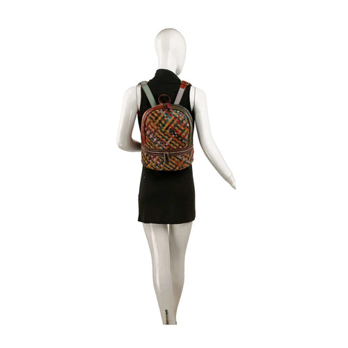 Genuine Leather Multicolor Woven Backpack – Boho Chic Style