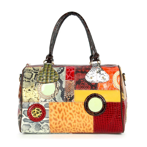 Unique patchwork genuine leather satchel front view with colorful mixed prints and dual handles
