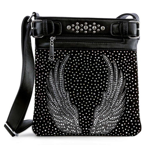 Daisy Rhinestone Crossbody Bag in black faux leather with dazzling rhinestone floral pattern and silver hardware