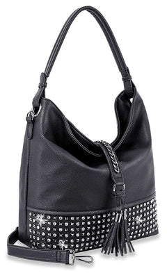 Glamorous Studded Large Hobo Handbag with Tasseled Flap Accent