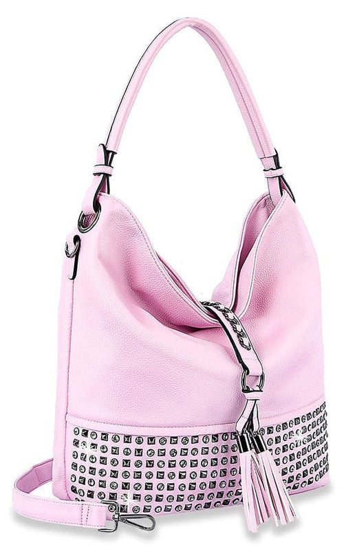 Glamorous Studded Large Hobo Handbag with Tasseled Flap Accent