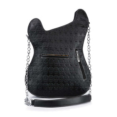 Black guitar-shaped bag with skull pattern on a white background