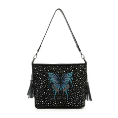 Black handbag with butterfly design and tassels on a white background
