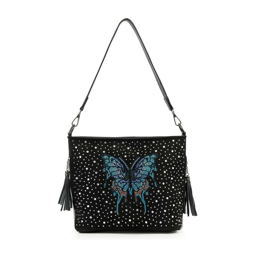 Black handbag with butterfly design and tassels on a white background