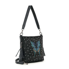 Black handbag with butterfly design and rhinestones on a white background