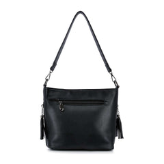 Black leather handbag with a shoulder strap on a white background (back view)
