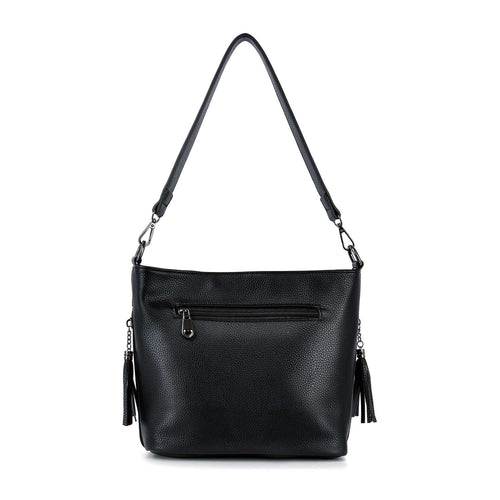 Black leather handbag with a shoulder strap on a white background (back view)
