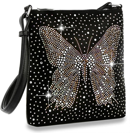 Rhinestone Butterfly Crossbody Sling - Black Vegan Leather