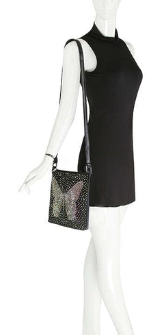 Rhinestone Butterfly Crossbody Sling - Black Vegan Leather