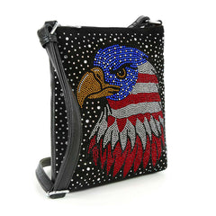 Side view of black patriotic sling bag with adjustable strap