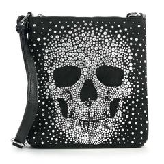 Black crossbody bag with a skull design made of rhinestones on a white background