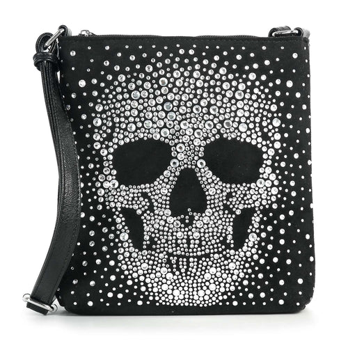 Black crossbody bag with a skull design made of rhinestones on a white background