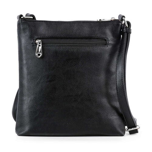 Black leather crossbody bag on a white background